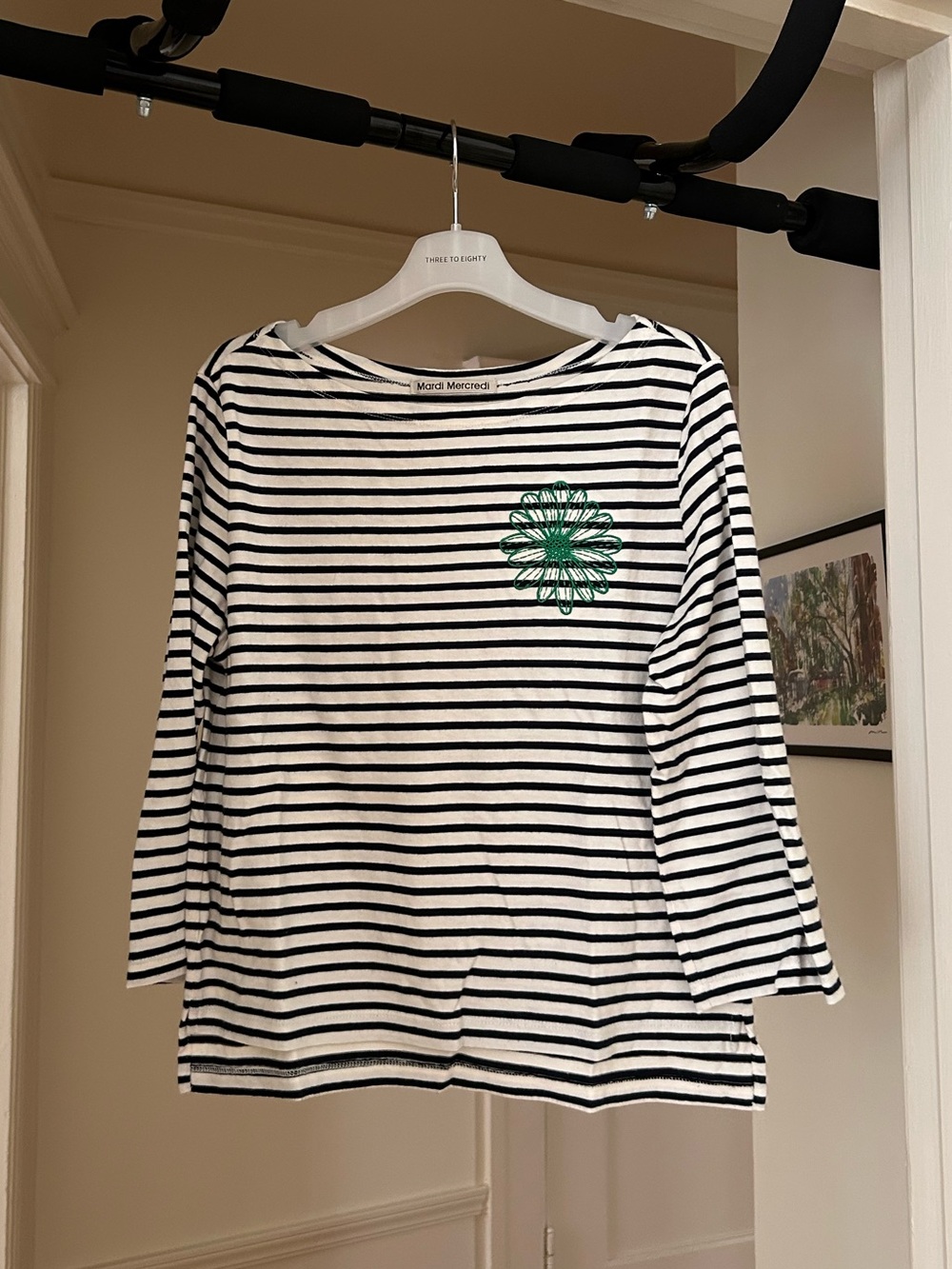 Mardi Mercredi Black & White Striped Boatneck Top with Green Embroidered Motif
